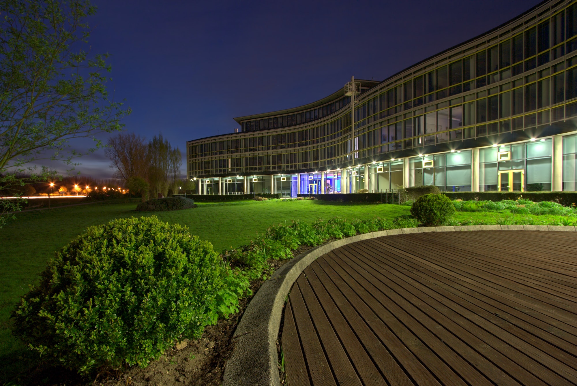 Building in a business park at night